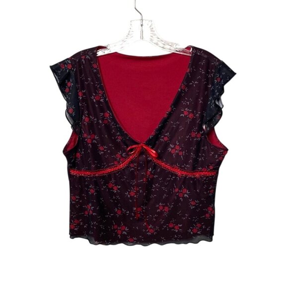 Romwe Floral Print Sheer Overlay Blouse Red Lining & Tie Back Women's XL Ruffle - Picture 1 of 8